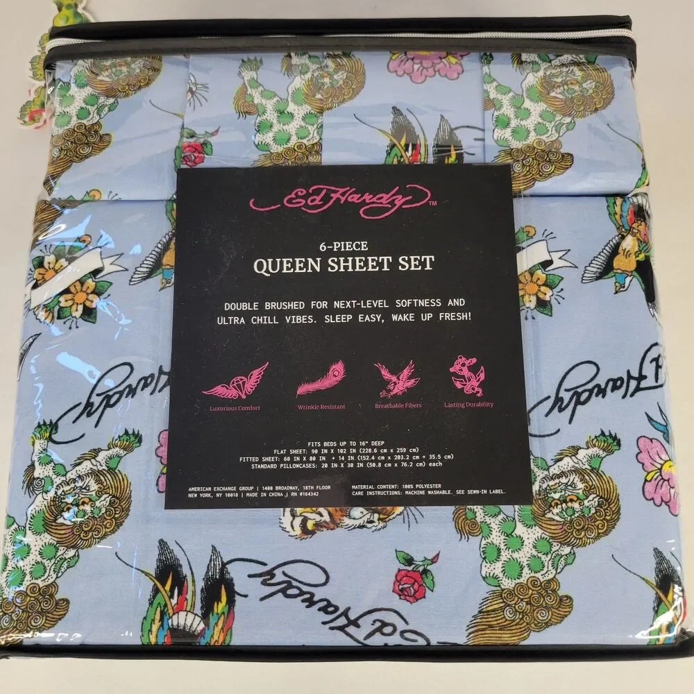 Ed Hardy QUEEN Blue Sheets Set 6pc Tattoo Foo Dog Tiger Floral Bird Heart Rose